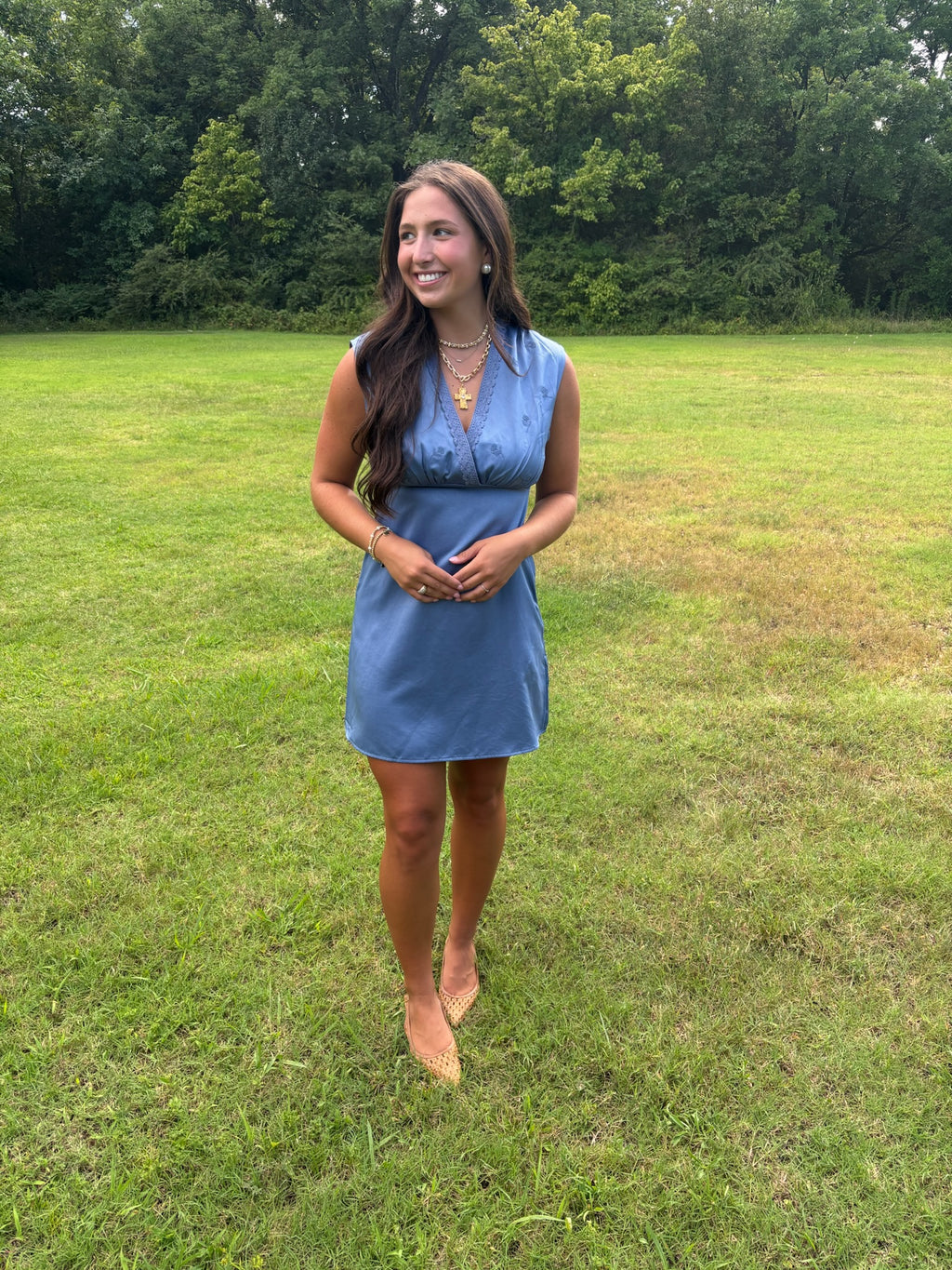 sadie and sage softly yours v neck midi dress in dusty blue