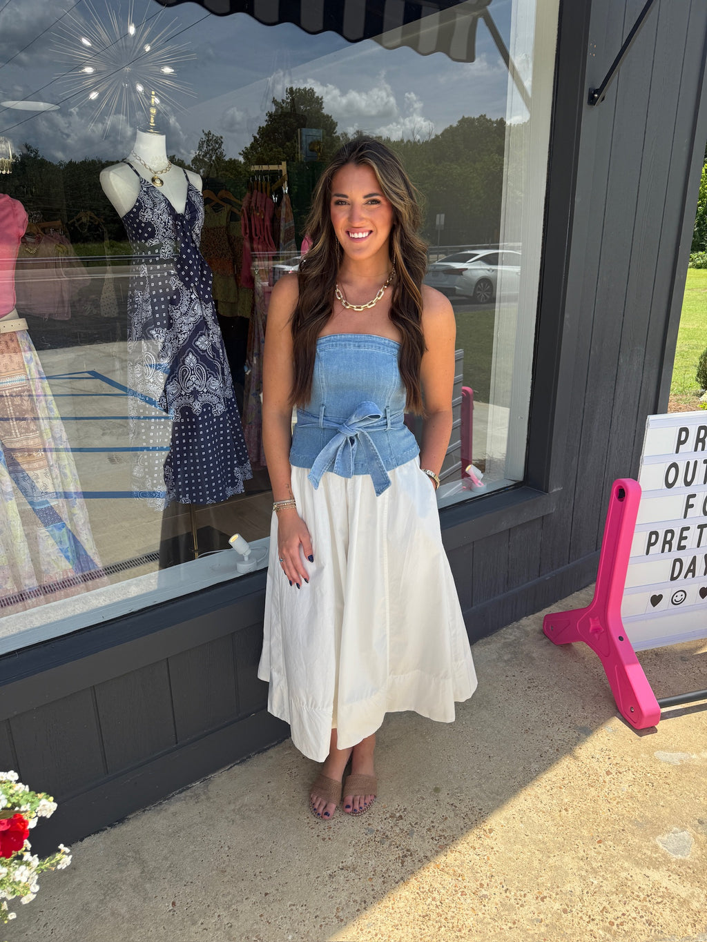 en saison denim bodice with draped twill skirt midi dress