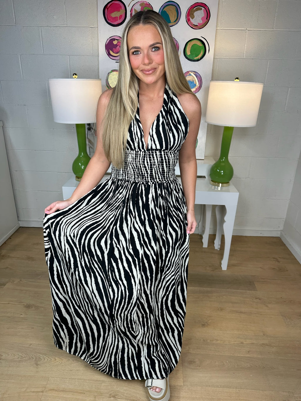 elan maxi halter dress in black zebra