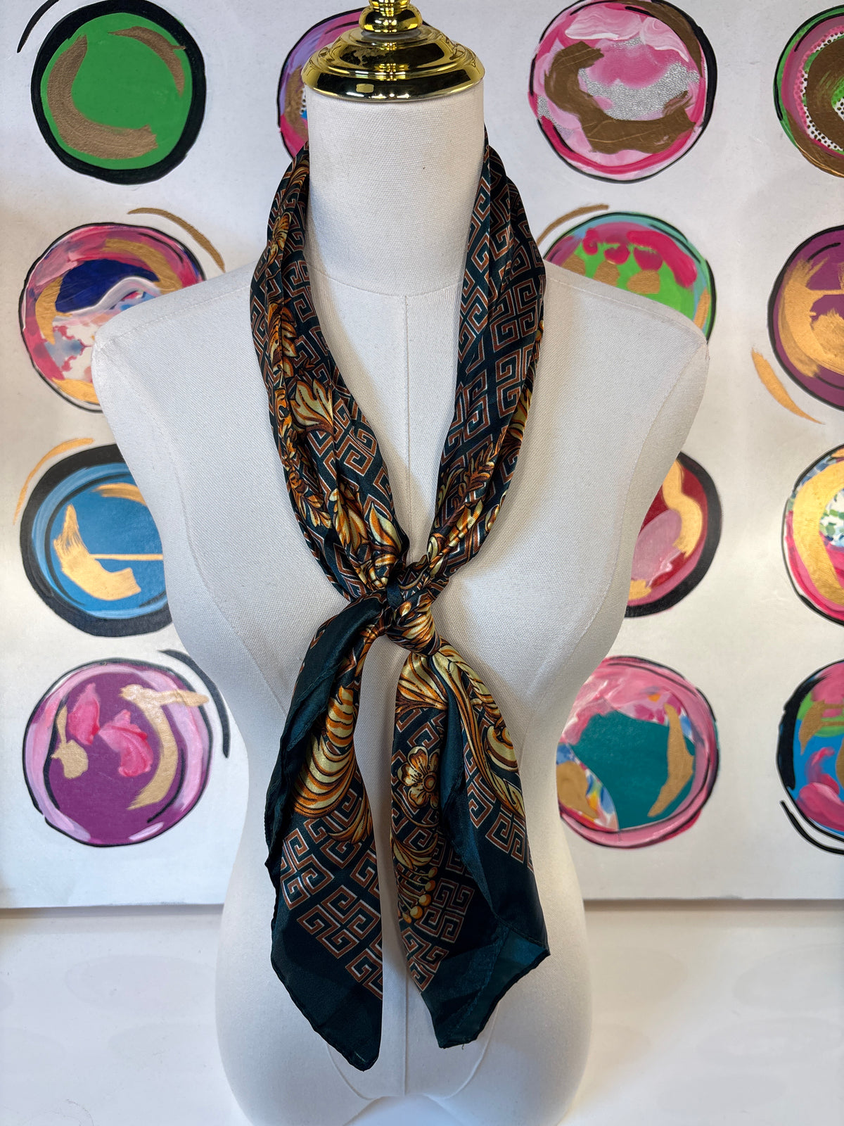Printed Flower Scarf, Dk Green/Yellow