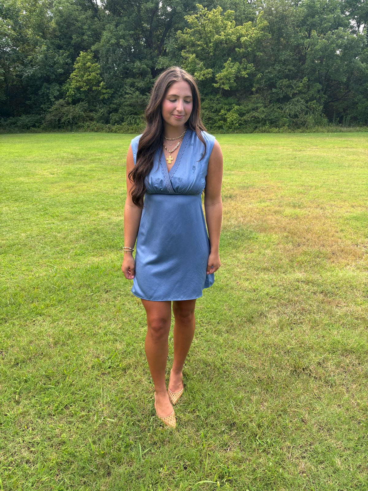 sadie and sage softly yours v neck midi dress in dusty blue