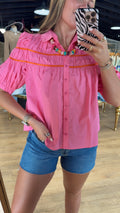 karlie solid contrast trim poplin top in pink and orange