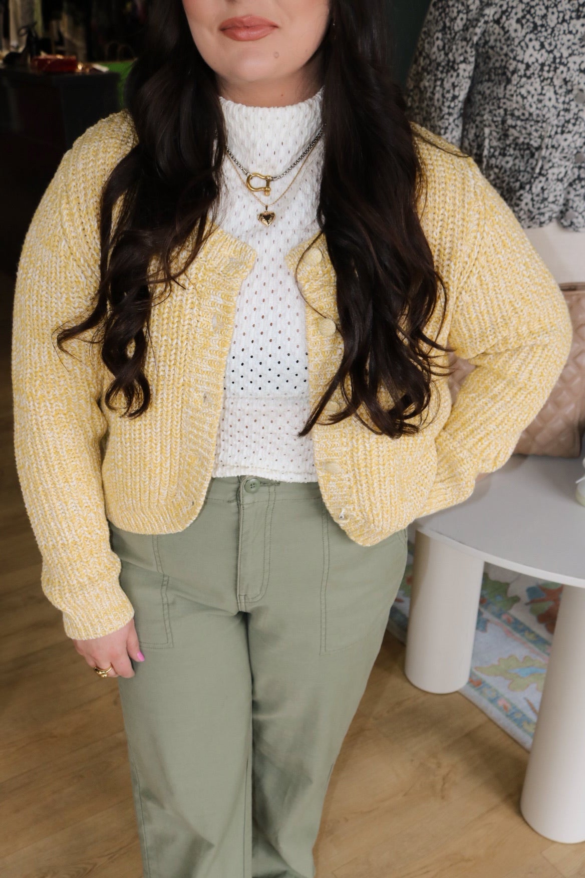 sadie & sage sunroof tulip hem cardigan in lemon ivory