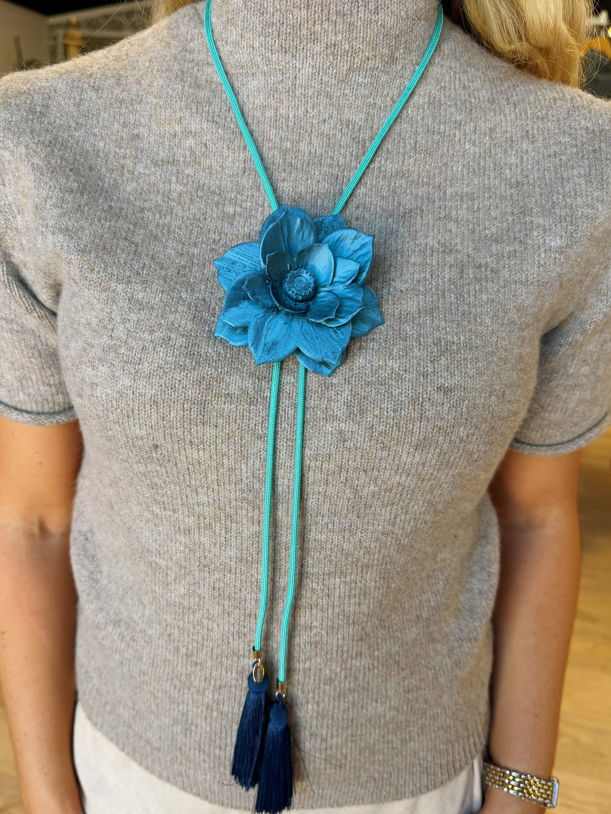 rahya designs || lotus flower bolo storm blue with turquoise & navy