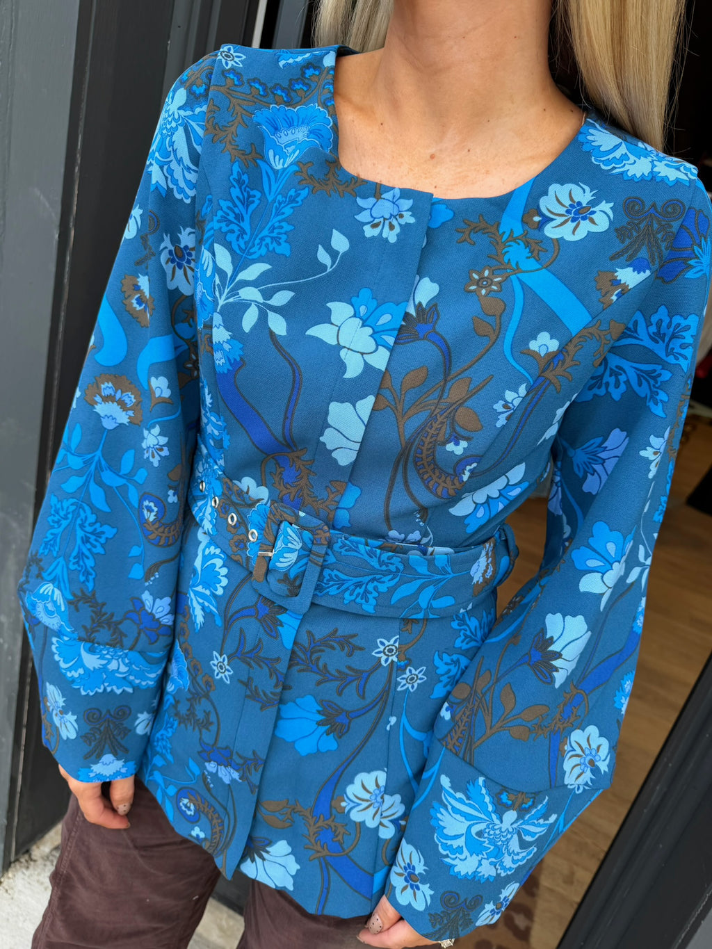 palmate floral peplum jacket in teal