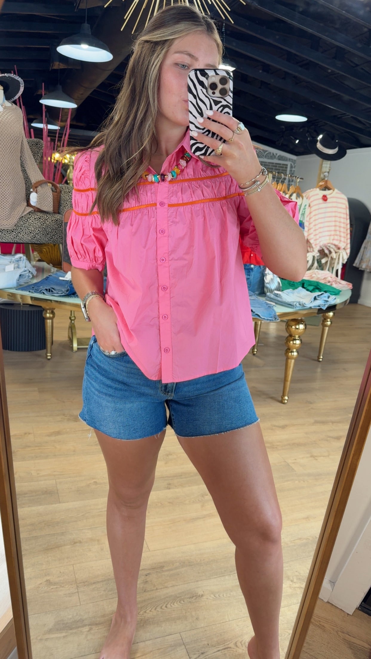 karlie solid contrast trim poplin top in pink and orange