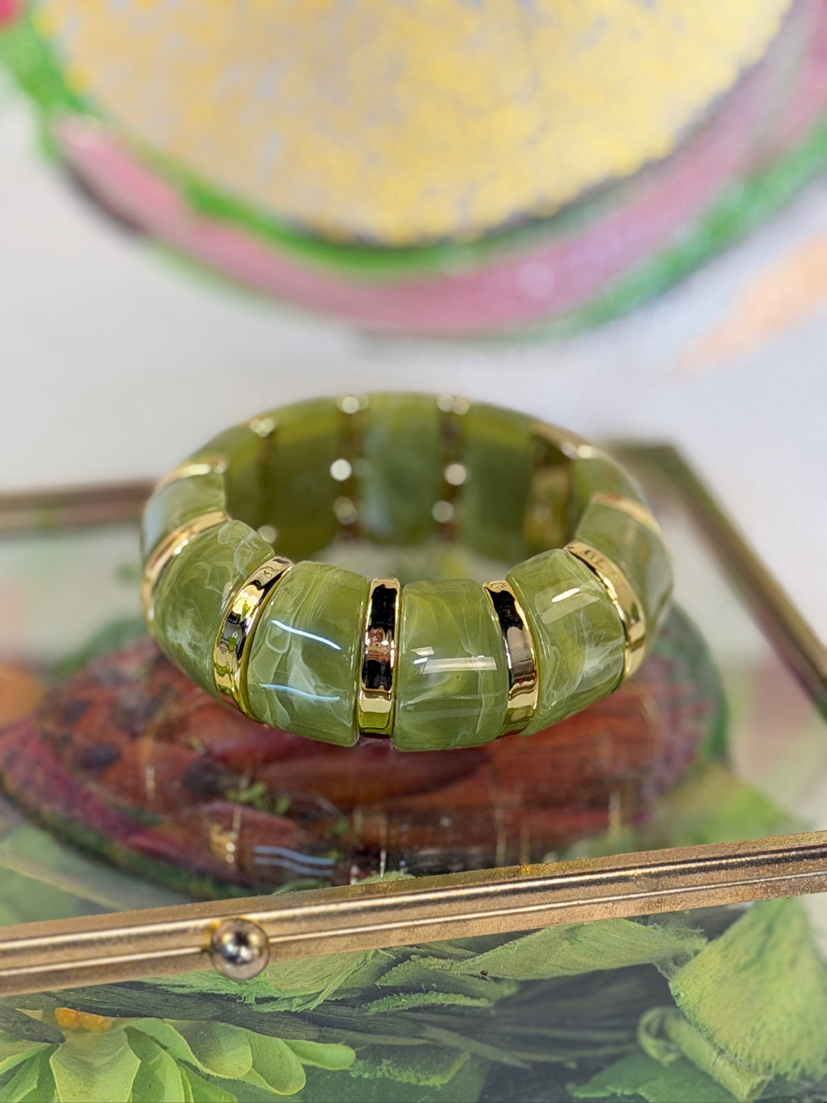 jennifer thames green & gold beaded cuff