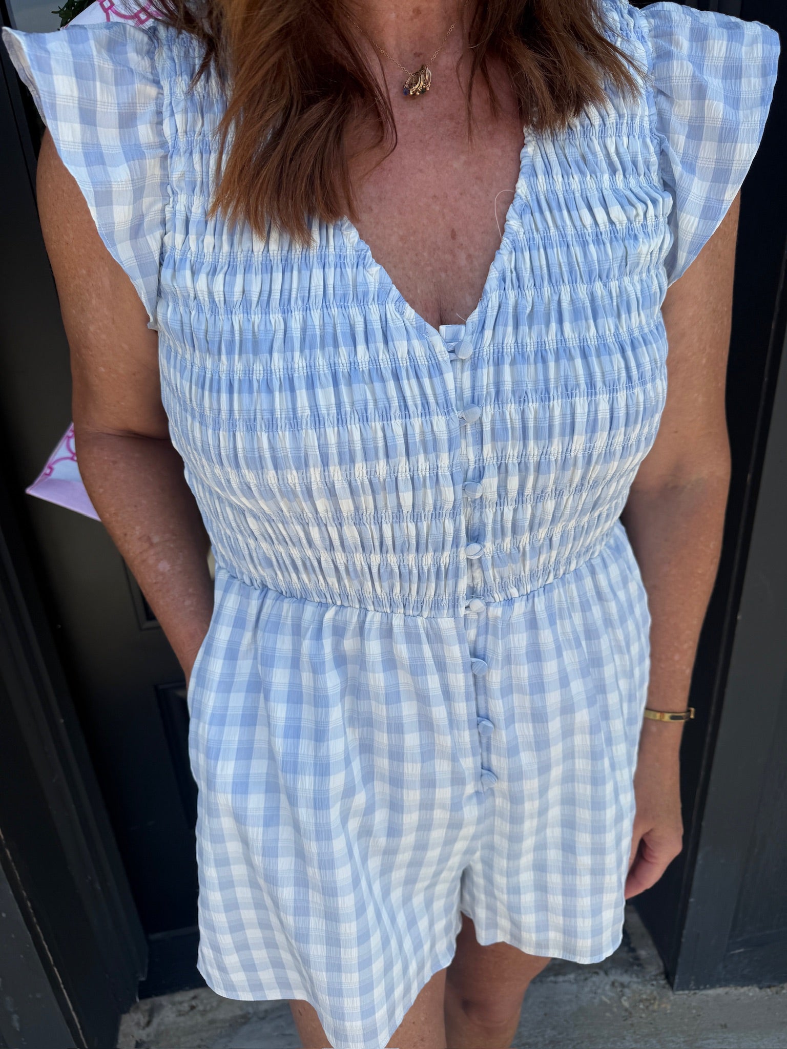 sadie & sage starlet gingham romper in sky-blue