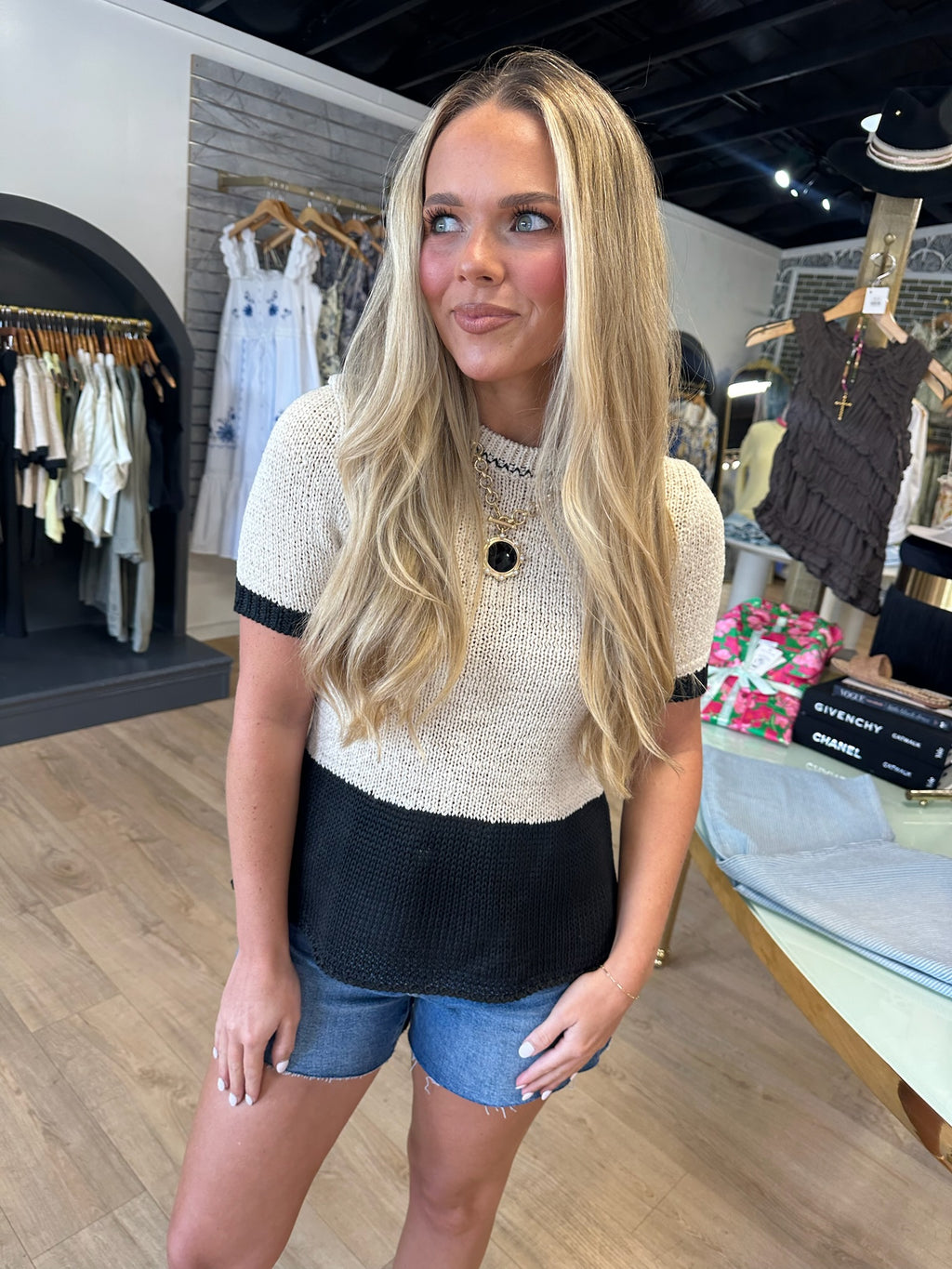another love claira top in oyster and black combo
