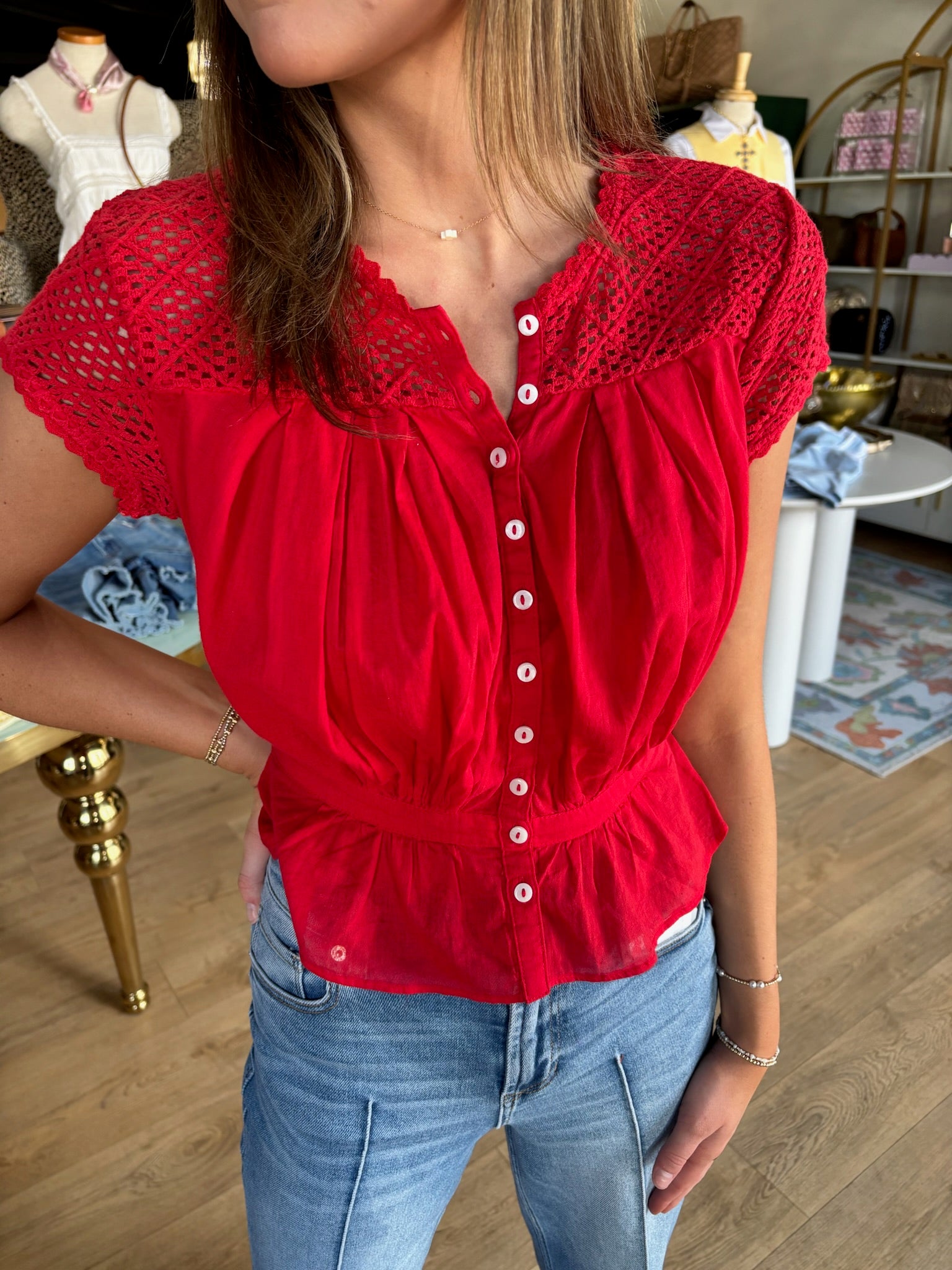 free people gemma embroidered top in high risk red