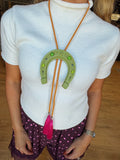rahya designs || lucky horseshoe bolo olive green with golden yellow & fuschia