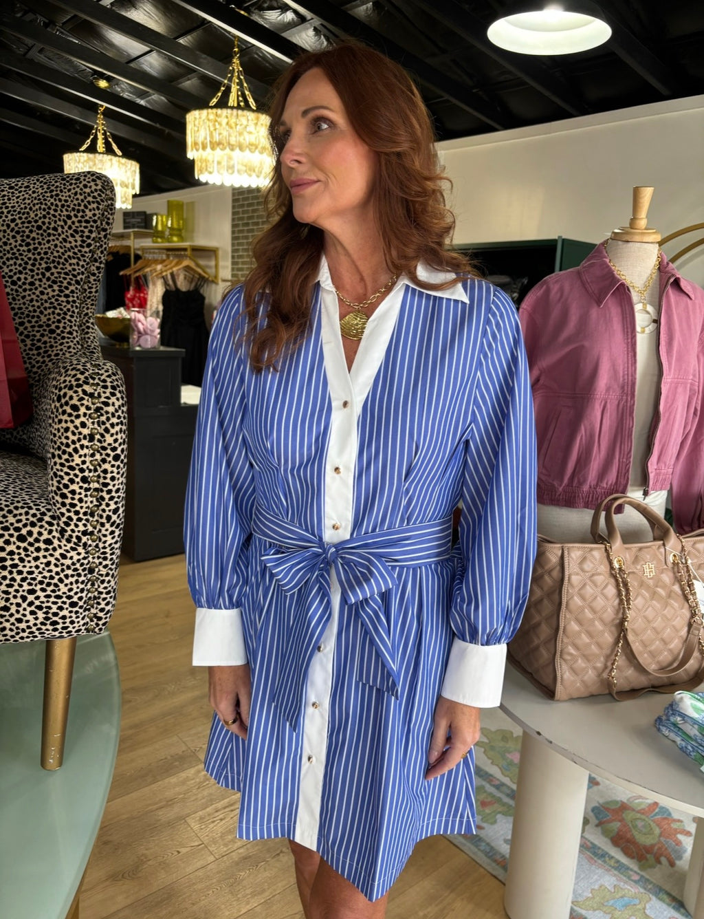 jade collar waist pleated shirt dress in blue stripe