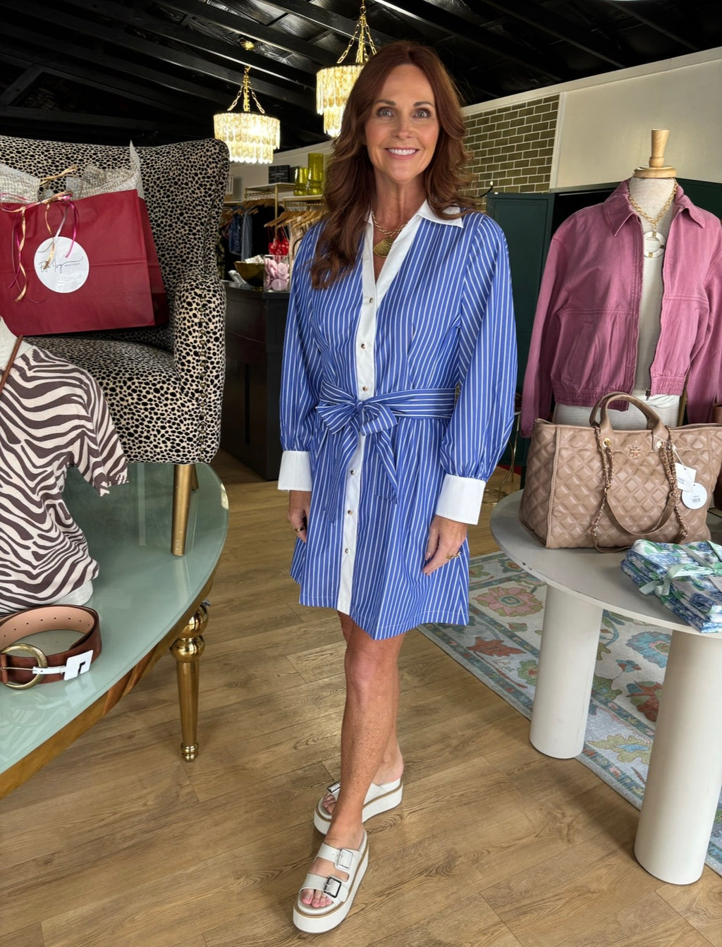 jade collar waist pleated shirt dress in blue stripe