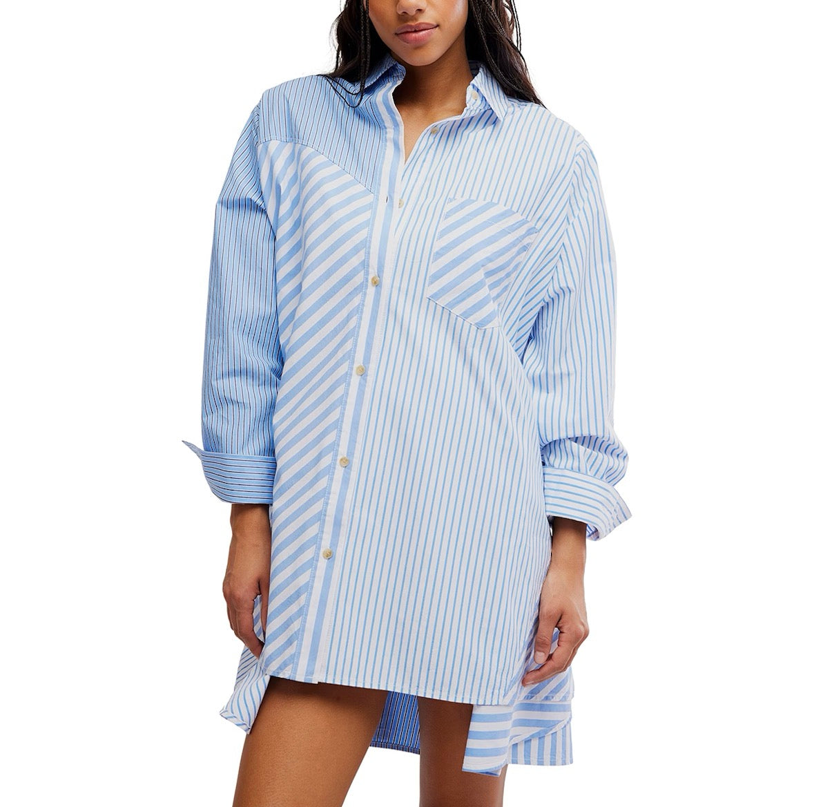 free people oxford club mini shirt dress in cornflower combo