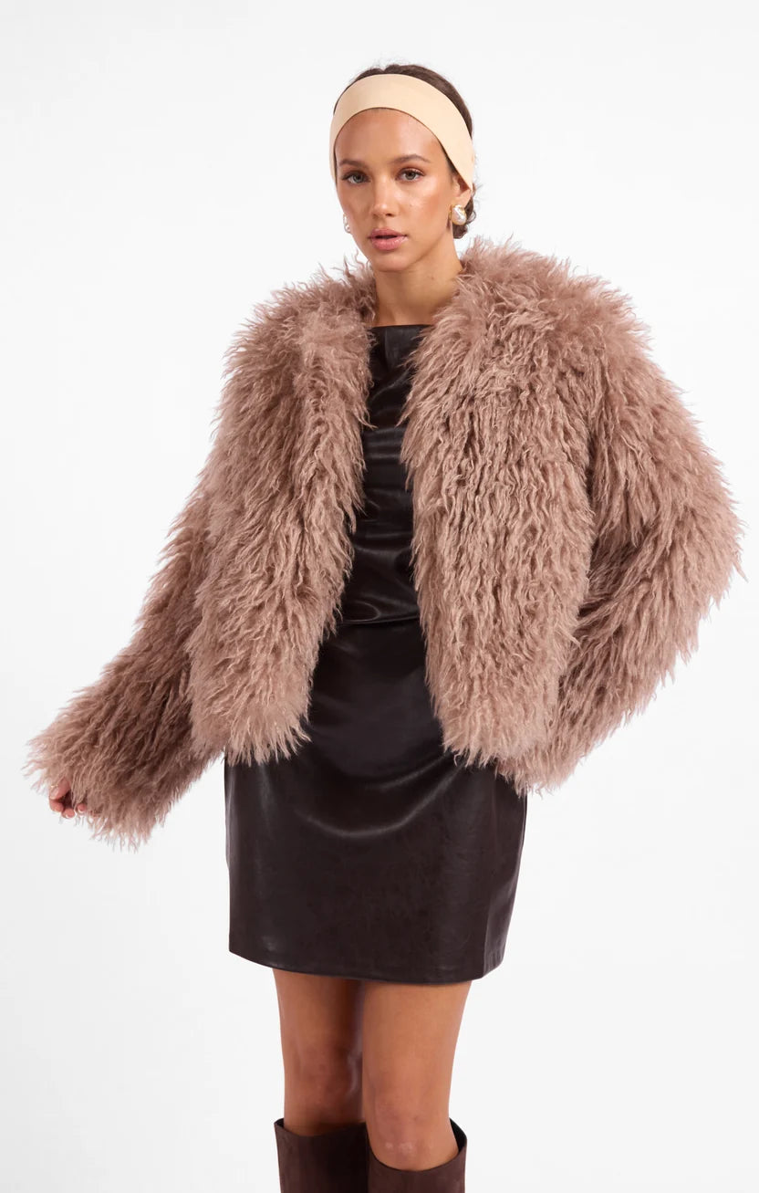 sage the label deep woods fur jacket in taupe
