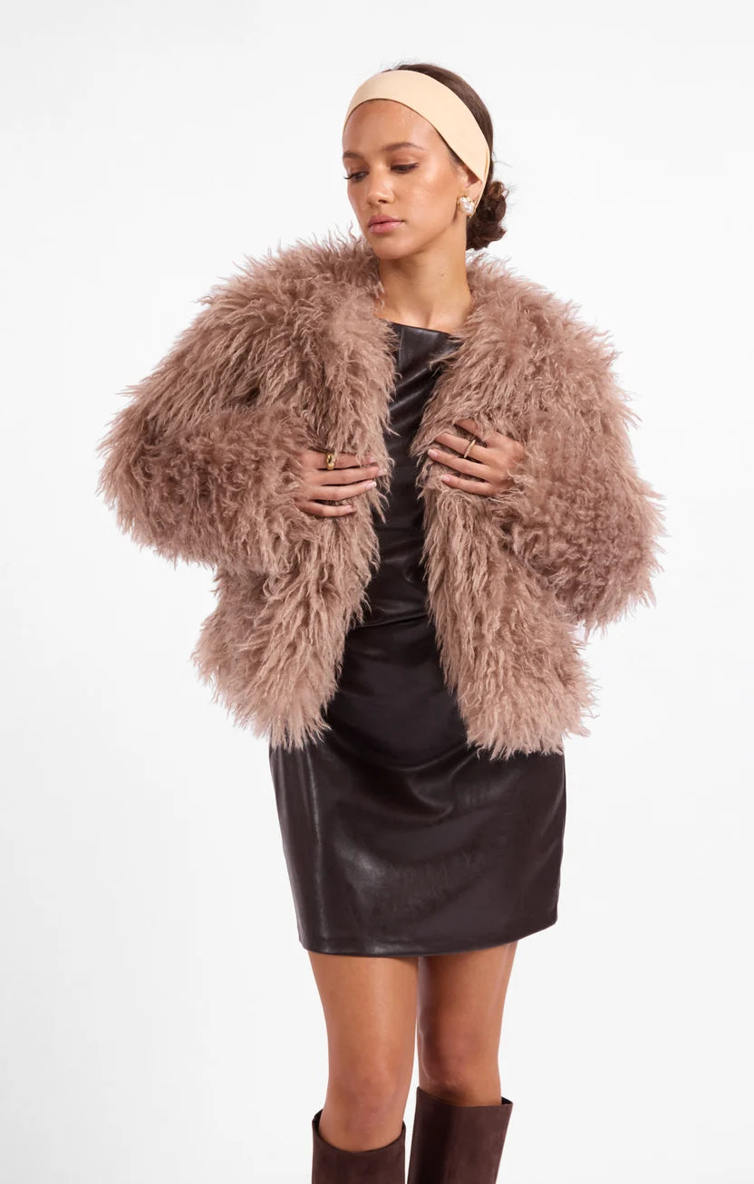 sage the label deep woods fur jacket in taupe