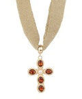 Cross Mesh Fabric Necklace, Brown