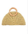 half moon straw clutch in gold and beige
