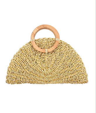 half moon straw clutch in gold and beige