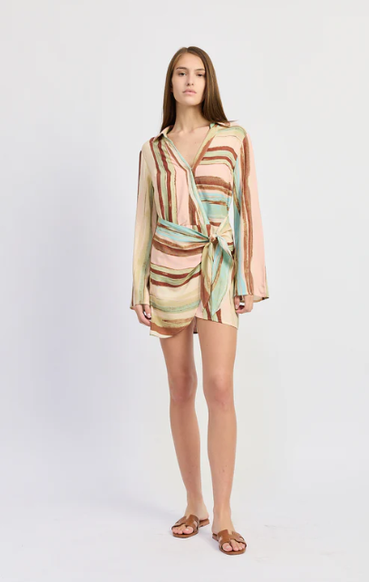 en saison long sleeve cover-up wrap mini dress in blush-brown blue