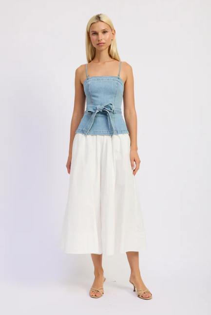 en saison denim bodice with draped twill skirt midi dress
