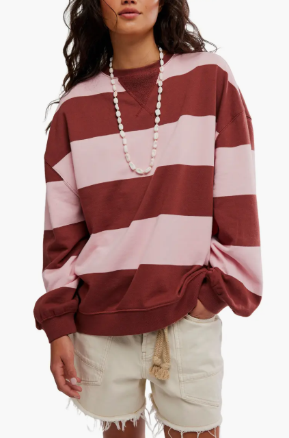 free people classic stripe crew in strawberry and wine