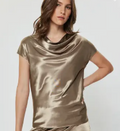 current air cowl neck mixed media top in ash brown