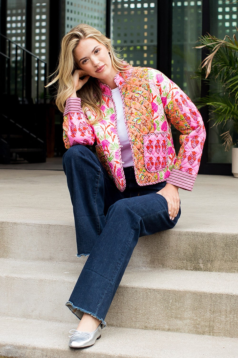 soho patchwork quilted jacket in multi pink