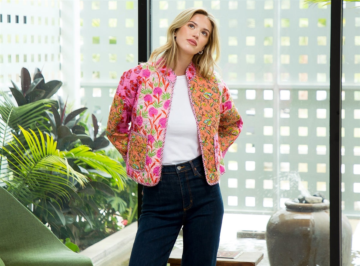 soho patchwork quilted jacket in multi pink
