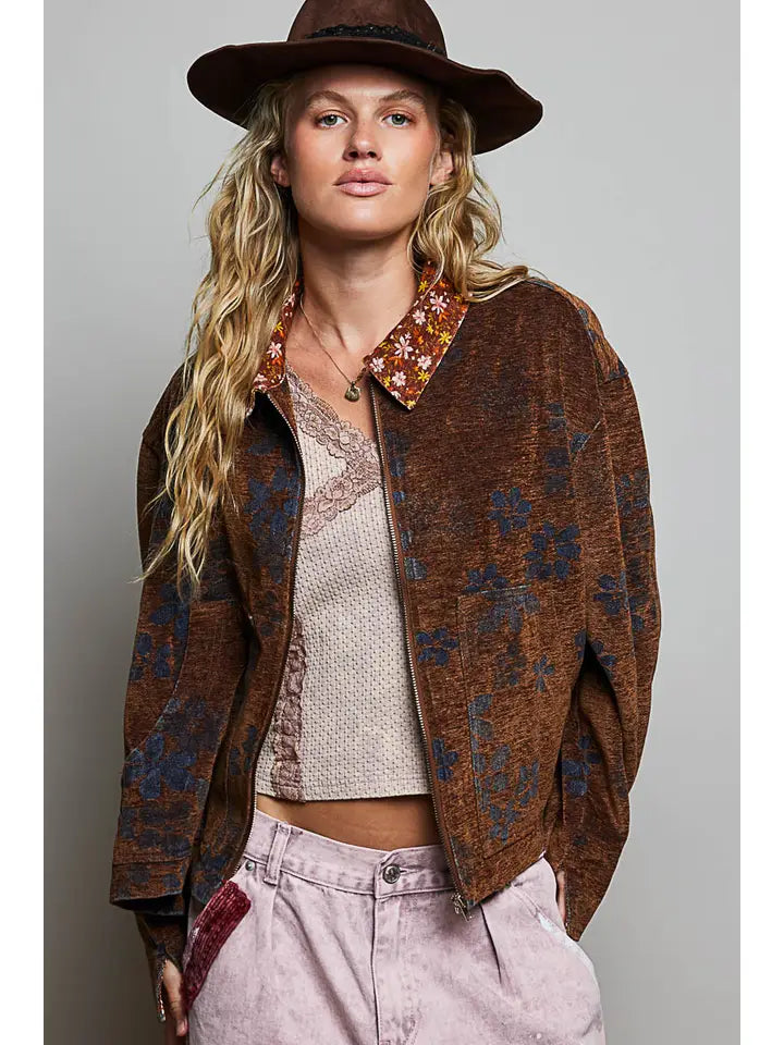 harper floral zip up jacket in rustic mocha