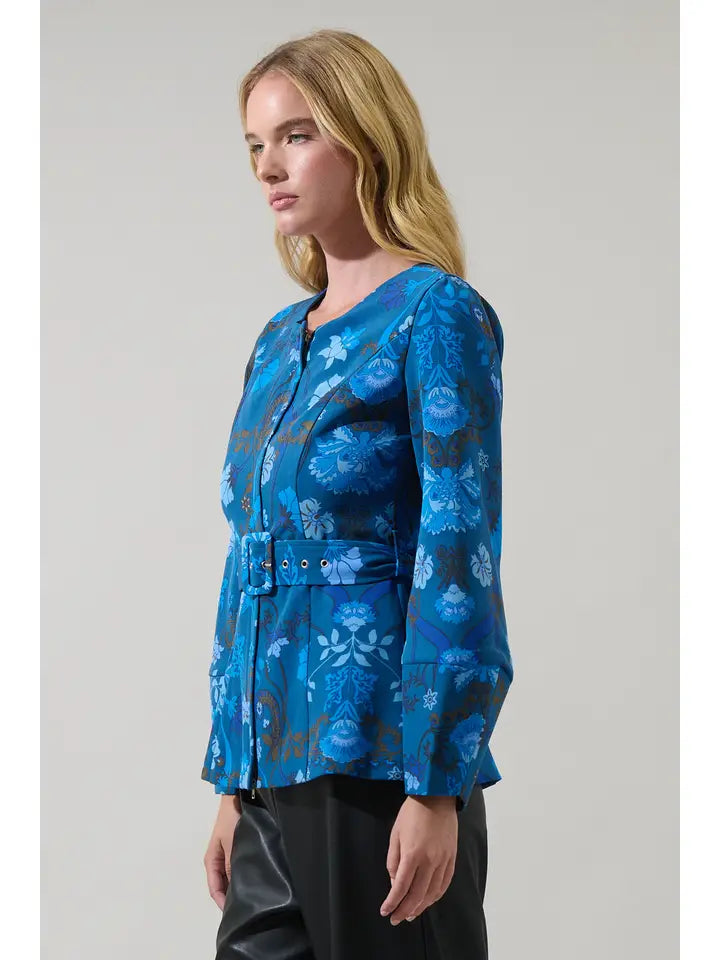 palmate floral peplum jacket in teal