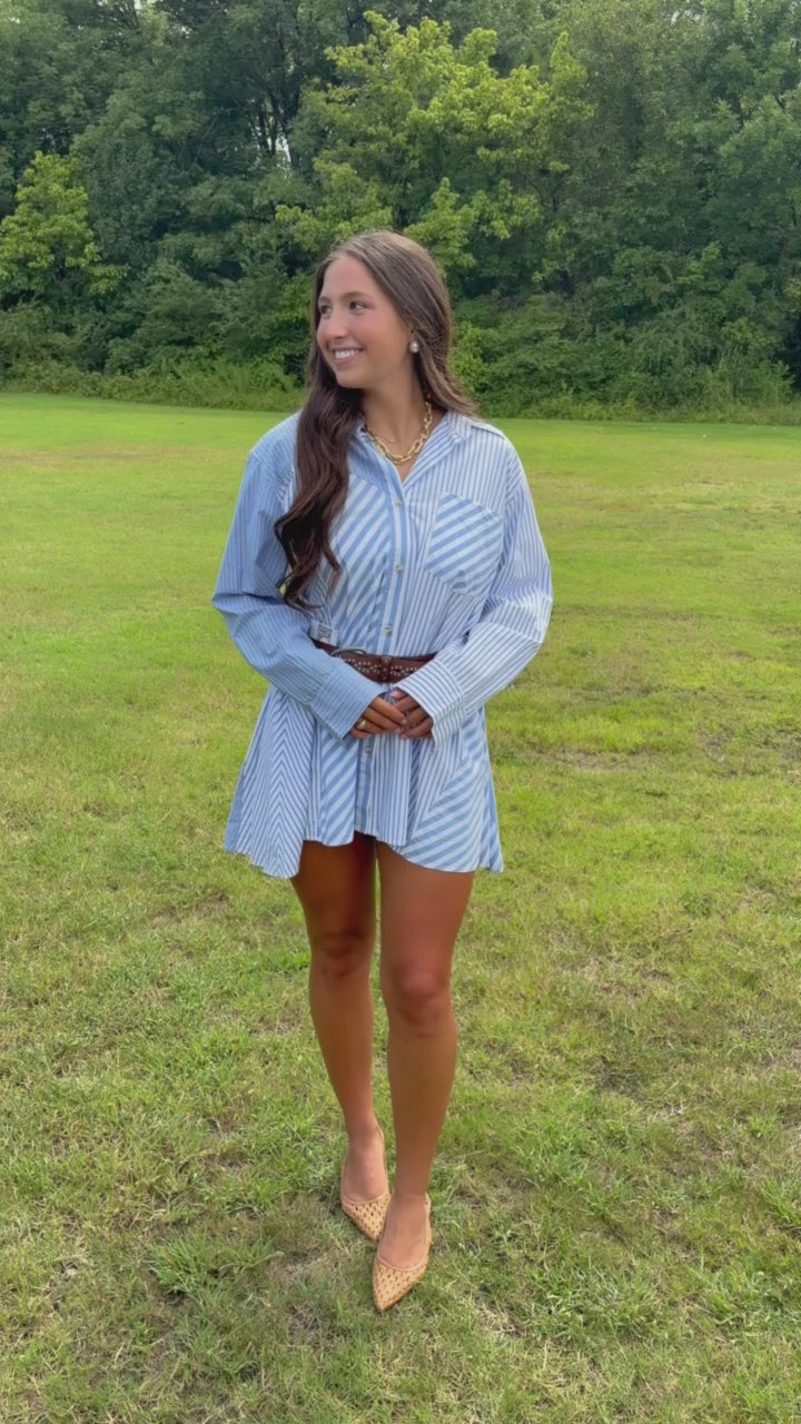 free people oxford club mini shirt dress in cornflower combo